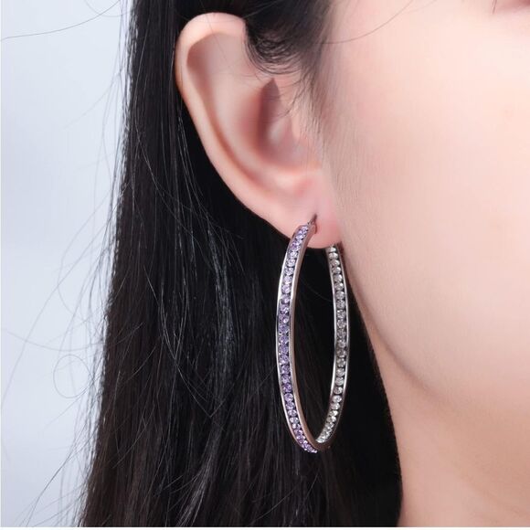14K White Gold with Purple Amethyst and Diamond Cubic Zirconia Big Hoop Earrings - Picture 5 of 6